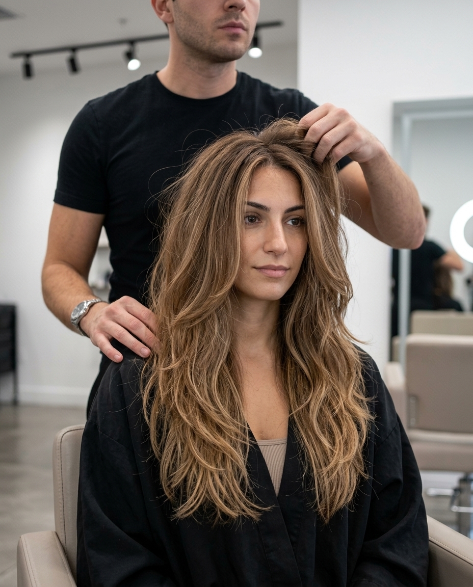 long layered haircut with lived-in bronde & caramel balayage, face-framing layers — boho effortless