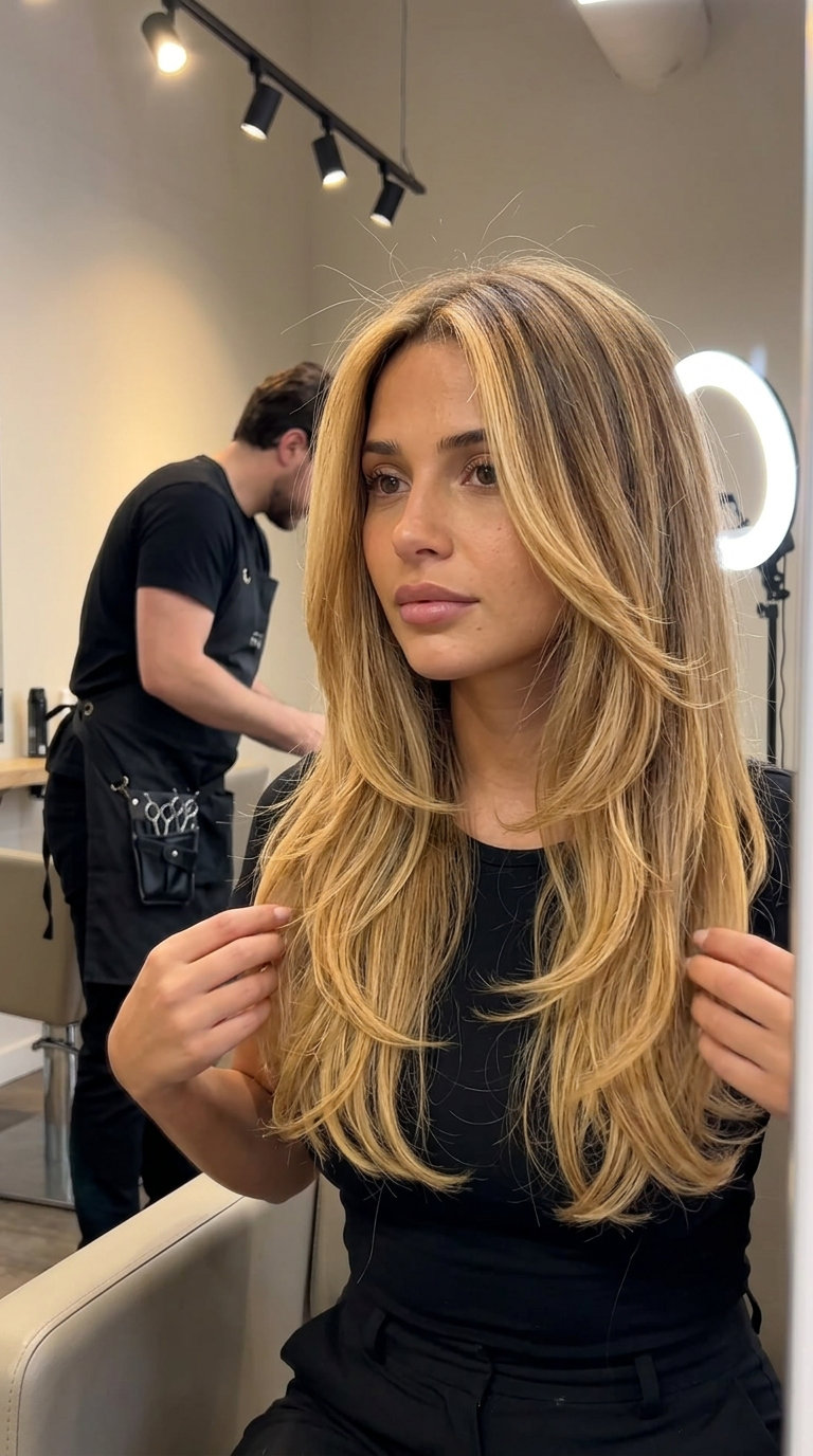 Long Honeyed Bronde Ombre 2026 long ombre with rich bronde to golden honey blonde, seamless ghost layers, face-framing pieces — natural beach day