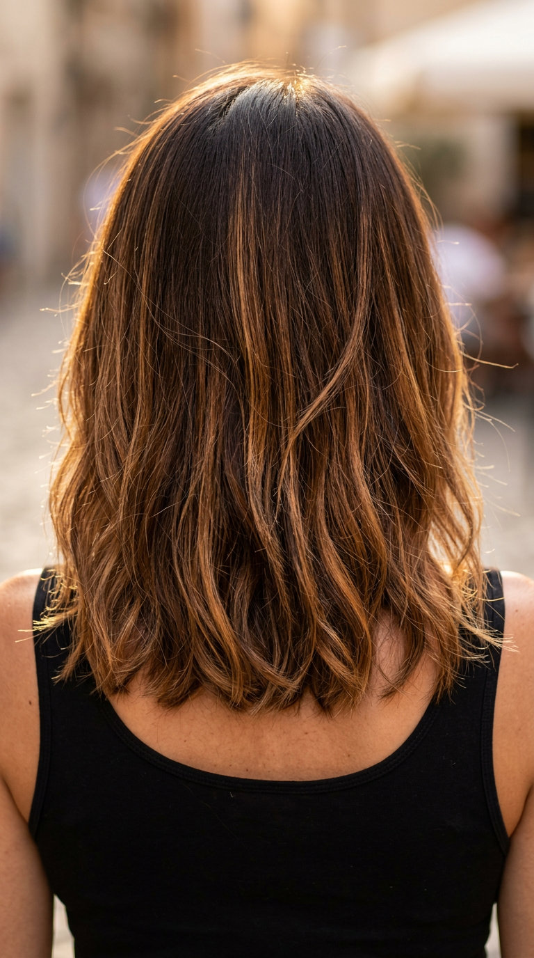 long textured layers bronze sun-kissed balayage with golden amber, face-framing highlights, no fringe — playful summer vacation