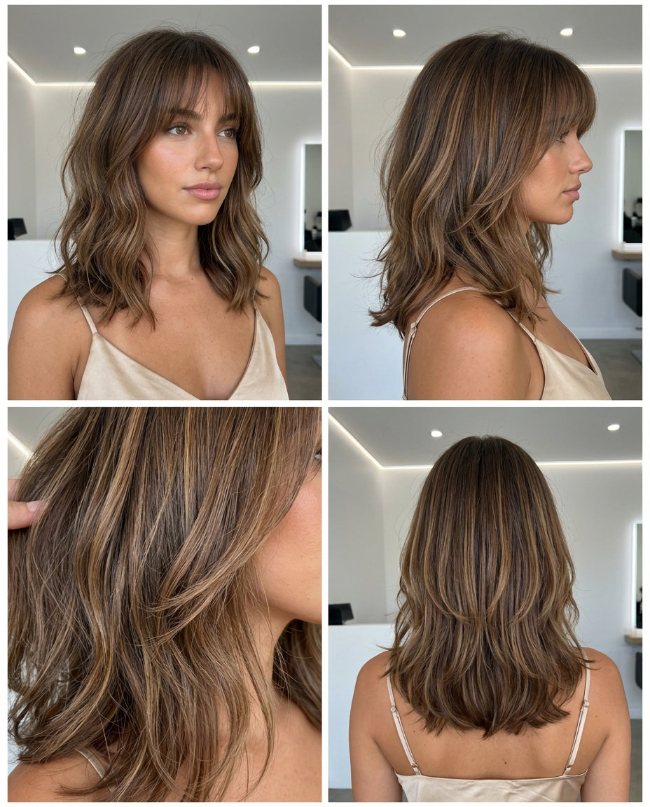Whispering Waves Hush Cut: Medium Hair 2026 medium layered wavy haircut in natural brunette with soft caramel balayage and wispy bangs