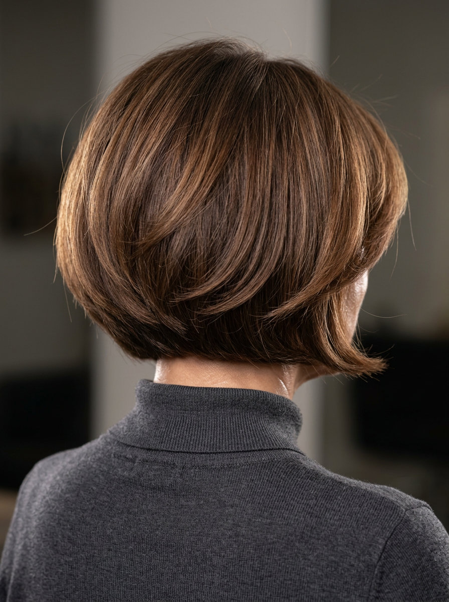chin-length brunette bob with mocha balayage, deep side part — polished classic