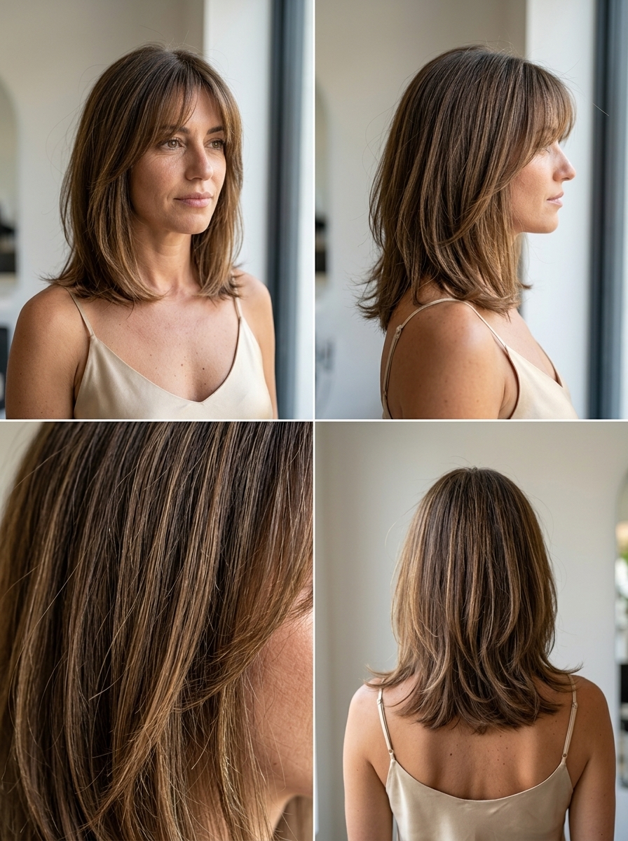 Textured Brunette Kitty Cut 2026 collarbone-length kitty cut haircut in warm brunette with golden micro-lights and diffused fringe for summer