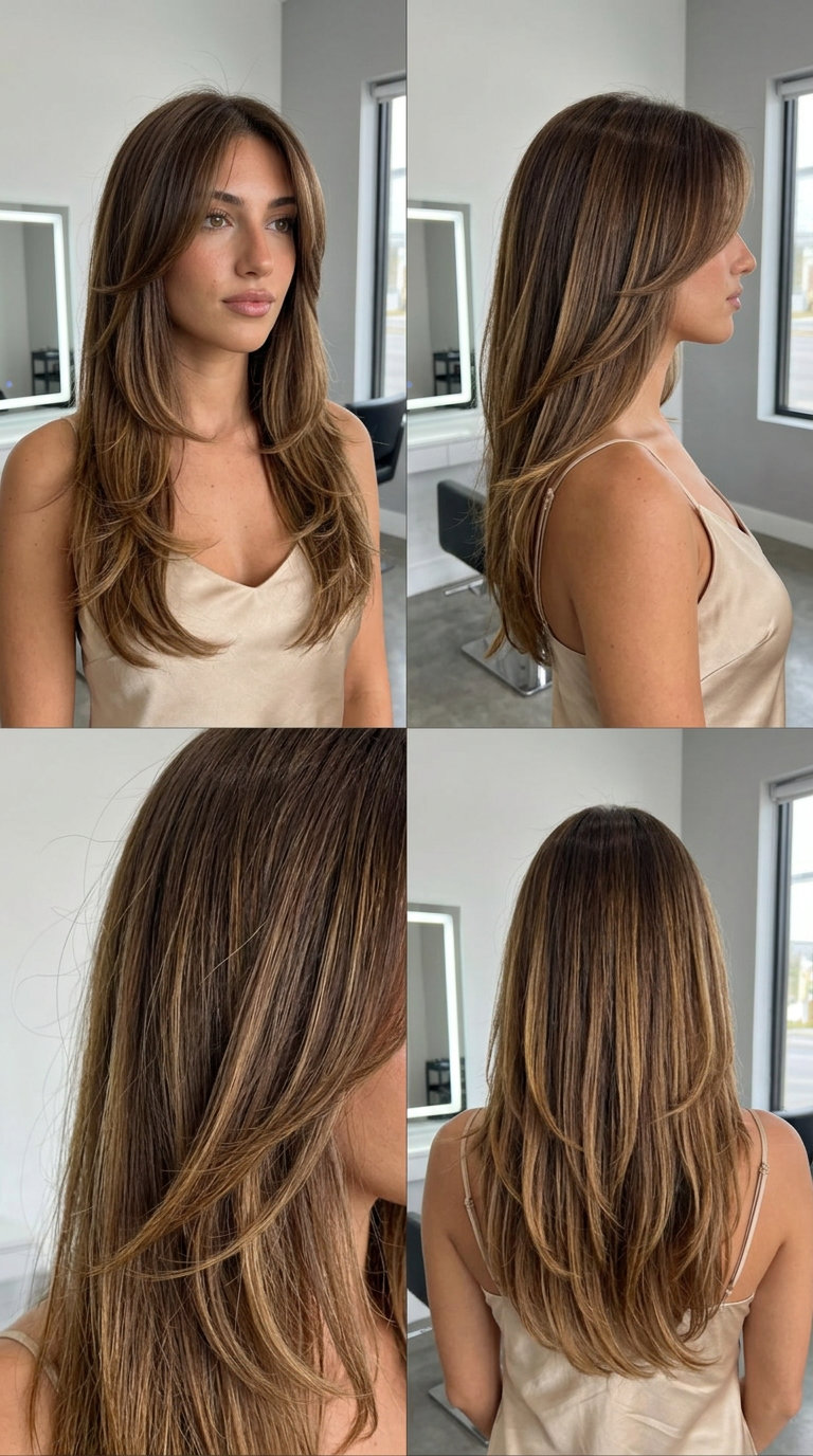Flowing Butterfly Layers: Summer Hair 2026 long natural brunette butterfly haircut with golden caramel balayage and curtain bangs for summer