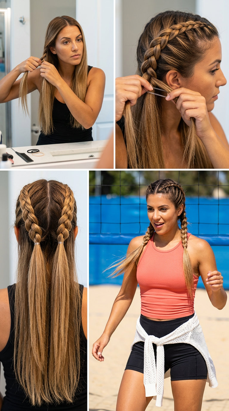 Sporty Chic Braid Flow Hairstyle 2026 long straight hair with natural brunette, warm honey balayage, no fringe — playful sporty gym