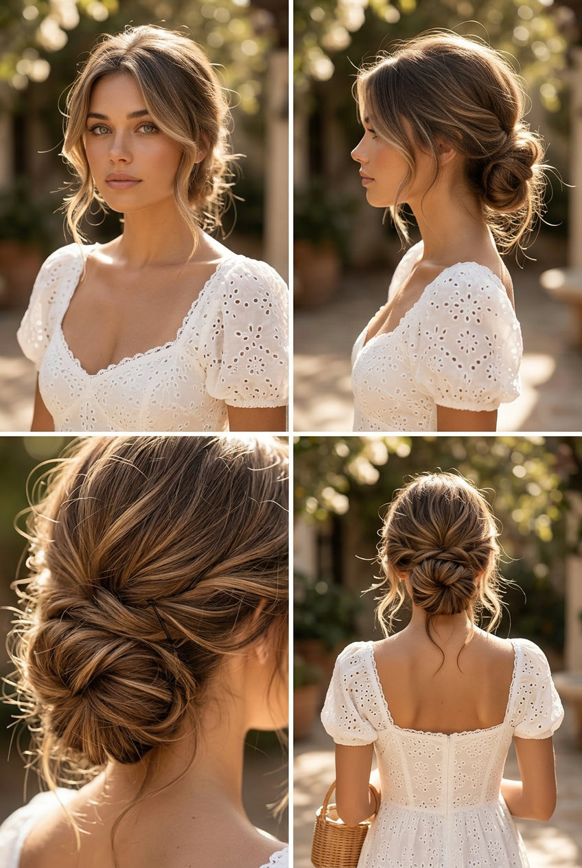 long natural brunette messy bun with face-framing tendrils for effortless chic