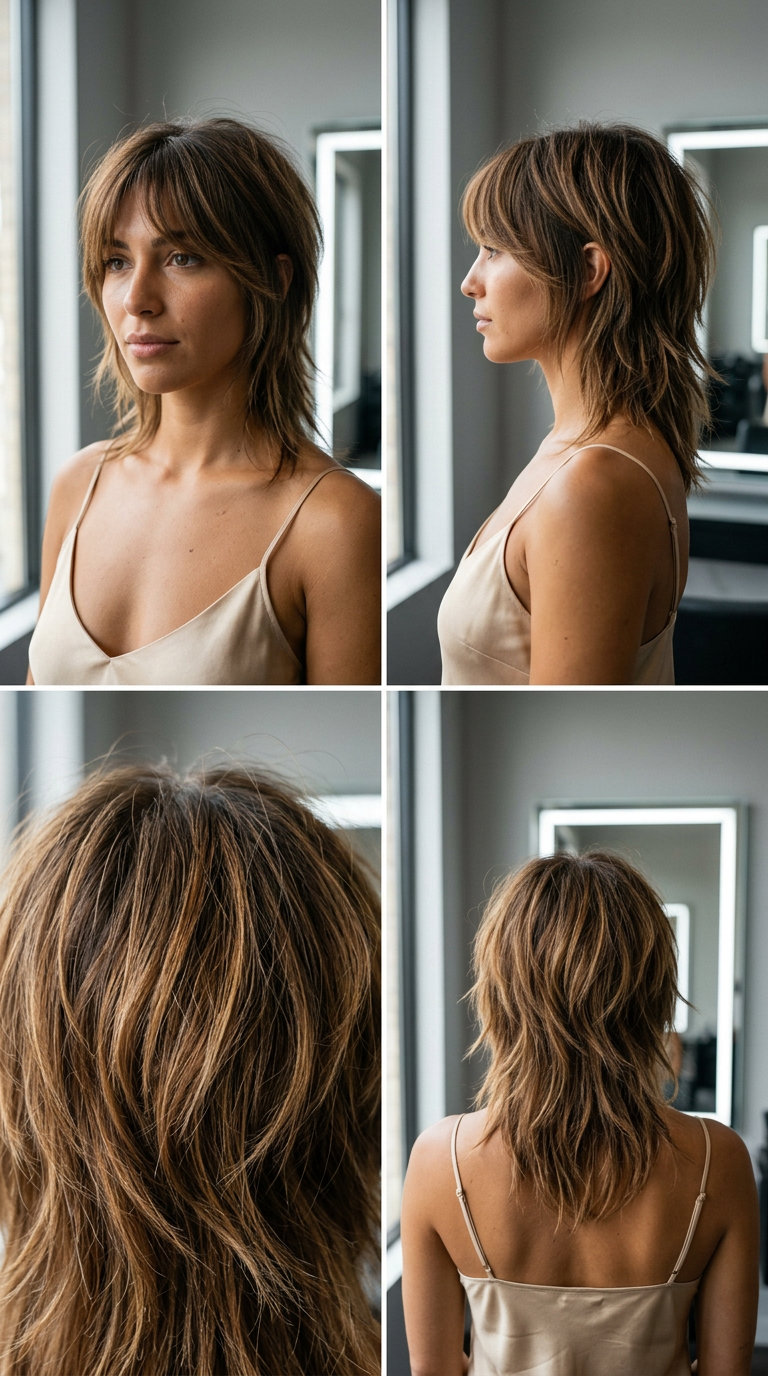 long wolf haircut with natural brunette & caramel ribbons, razored layers, bottleneck bangs — edgy summer vibe