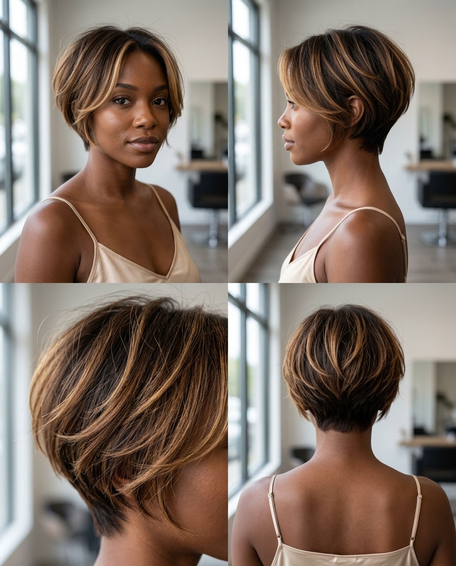 Golden Hour Bixie Haircut 2026 short bixie haircut in warm brunette with caramel balayage, honey blonde highlights, textured layers for sun-kissed look
