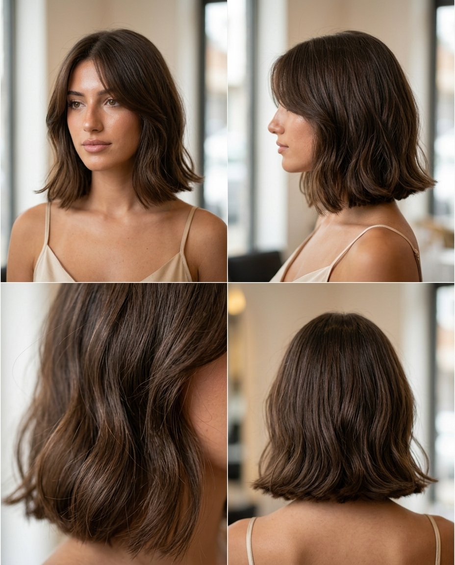 short bob wavy haircut in rich brunette with outward flipped ends and side-swept fringe — chic retro party