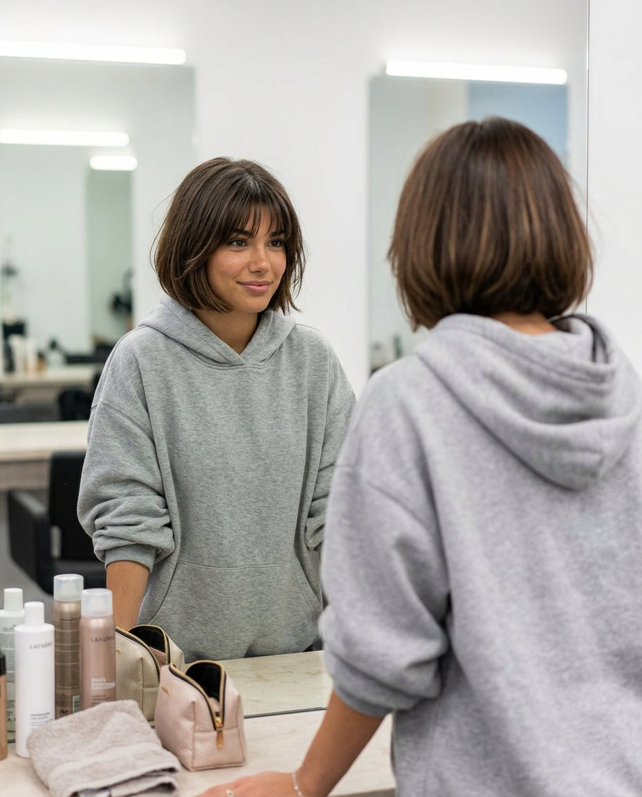 short french bob haircut with brunette & chocolate undertones, eyelash fringe — classy chic