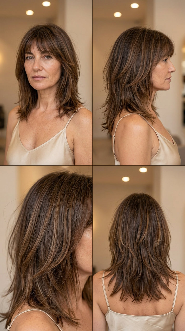 shoulder-length brunette shag with caramel balayage, wispy fringe — effortless 70s