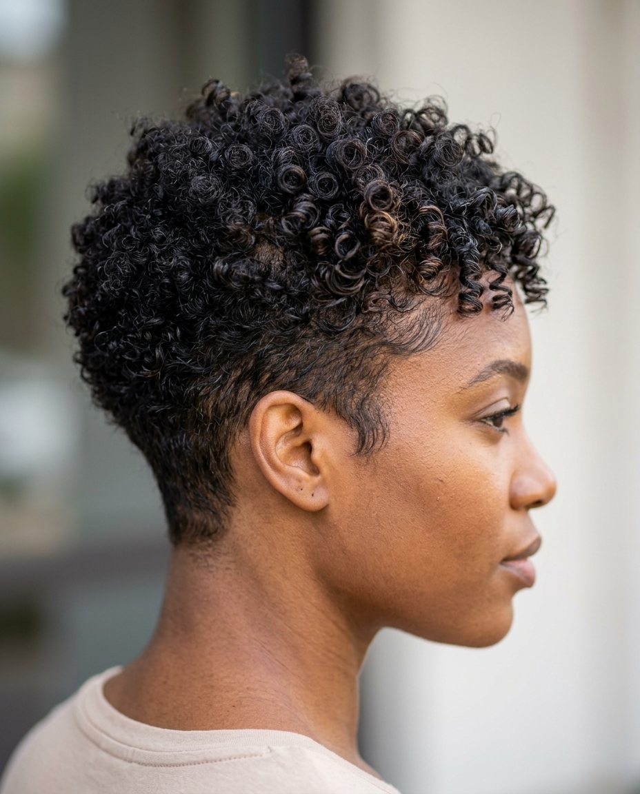 very short coiled crown pixie haircut in deep brunette with honey babylights, tapered sides for natural confidence