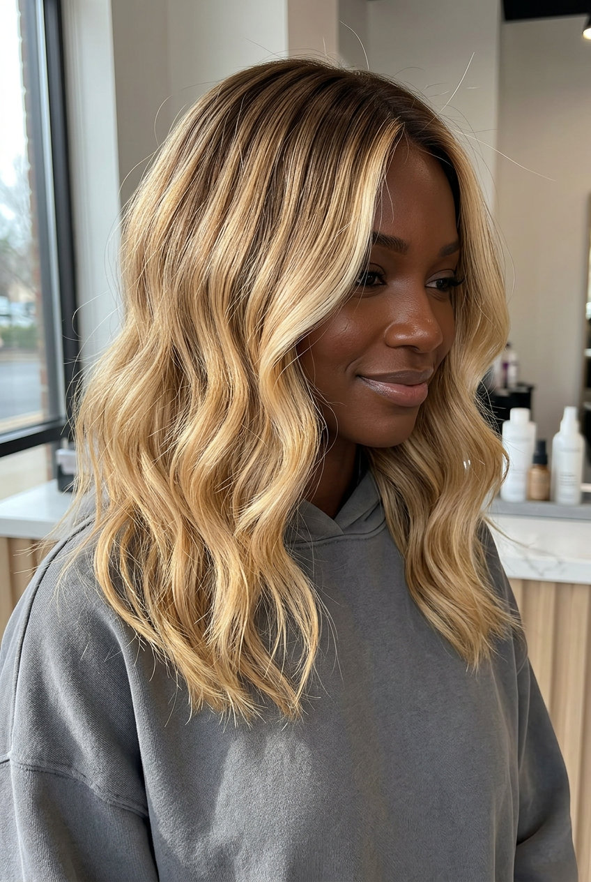 long butter blonde color melt with golden honey, balayage, no fringe — effortless beach vacation