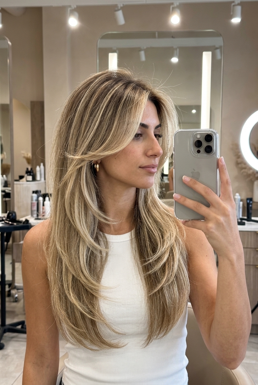 long layered haircut with creamy butter blonde highlights, sweeping layers, face-framing — soft romantic