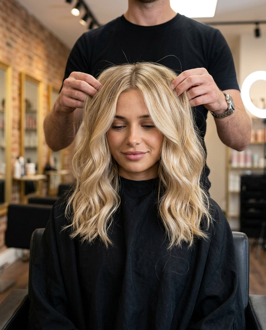 long butter blonde scattered highlights with golden honey, babylights for soft luminous effect