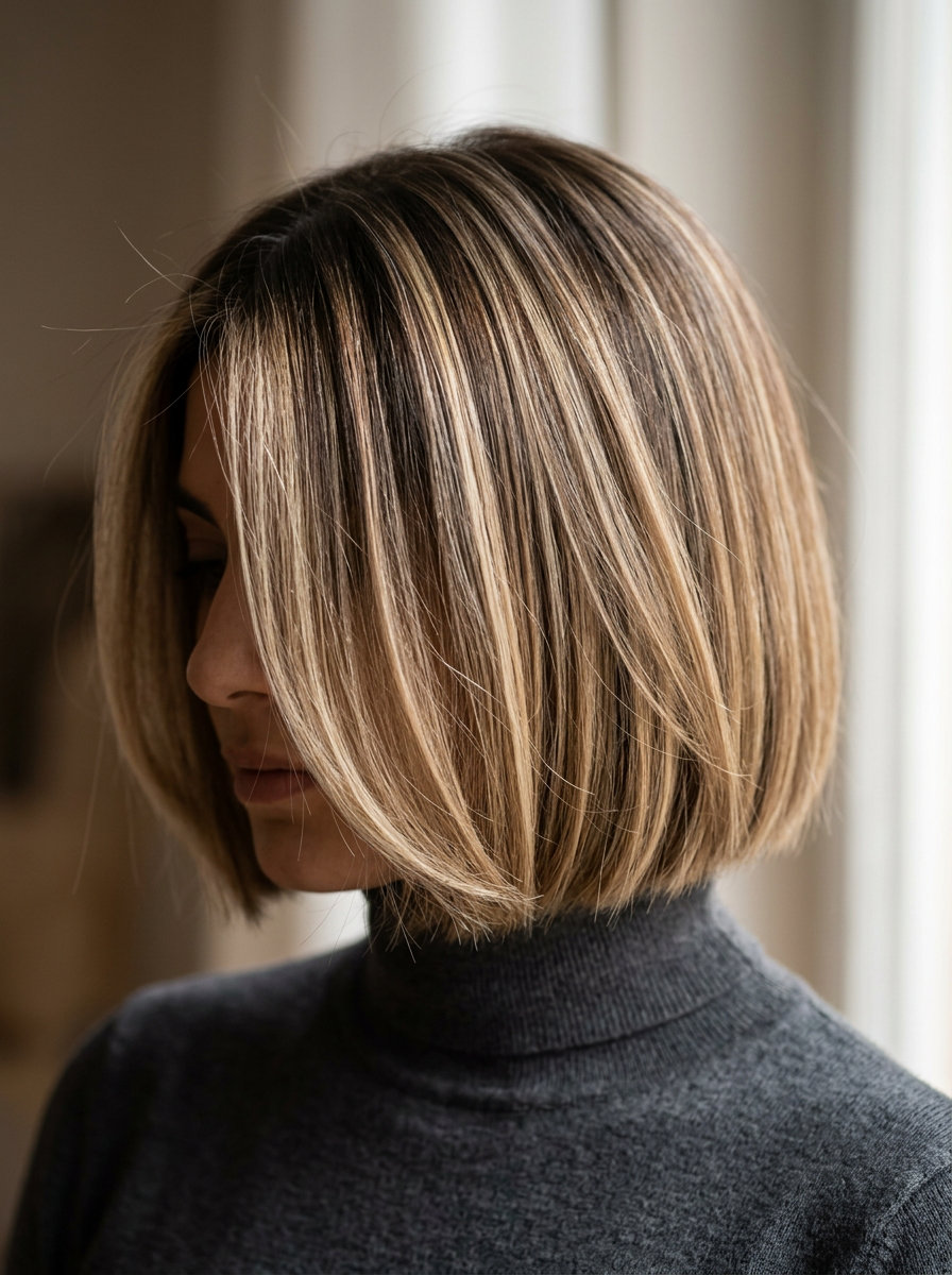 short Italian bob with creamy butter blonde highlights, internal layering, no bangs — professional chic