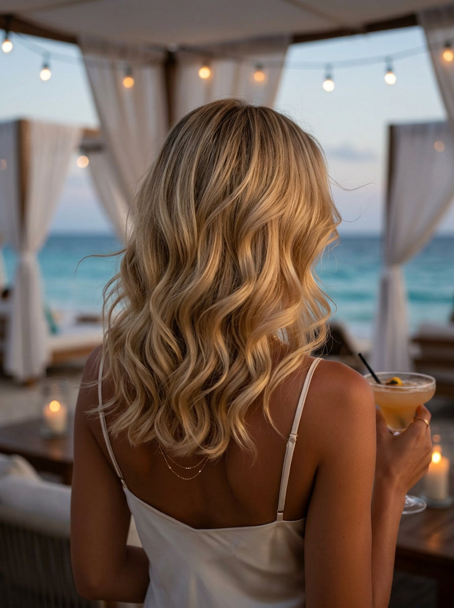 medium butter-cream blonde siren waves with deep side part and honey highlights for summer