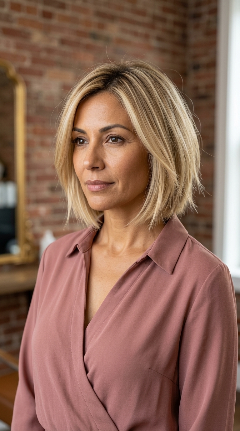 Buttercream Blonde Bob: Honey Highlights 2026 chin-length bob haircut with buttercream blonde & honey babylights, dark vanilla root, curtain bangs — soft & radiant