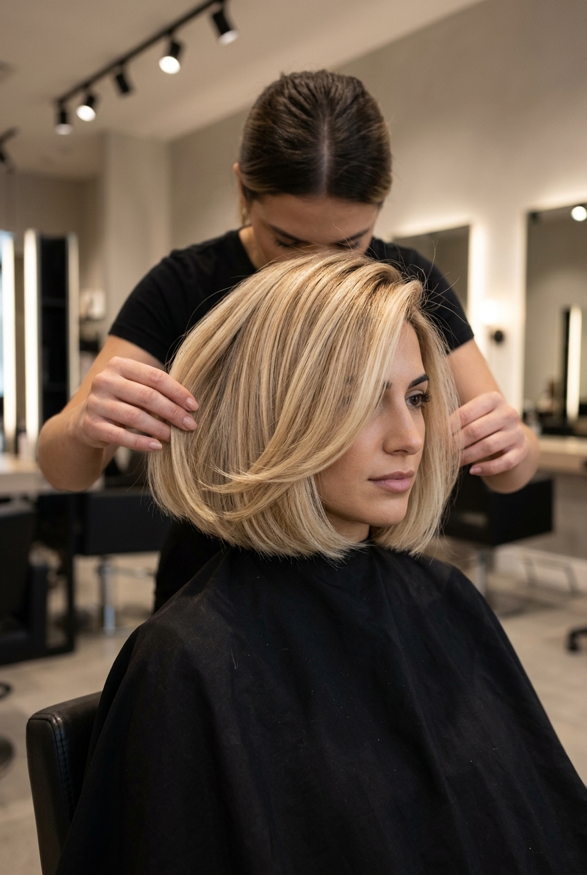 chin-length wavy bob haircut in buttercream blonde with honey lowlights and root shadow for city chic