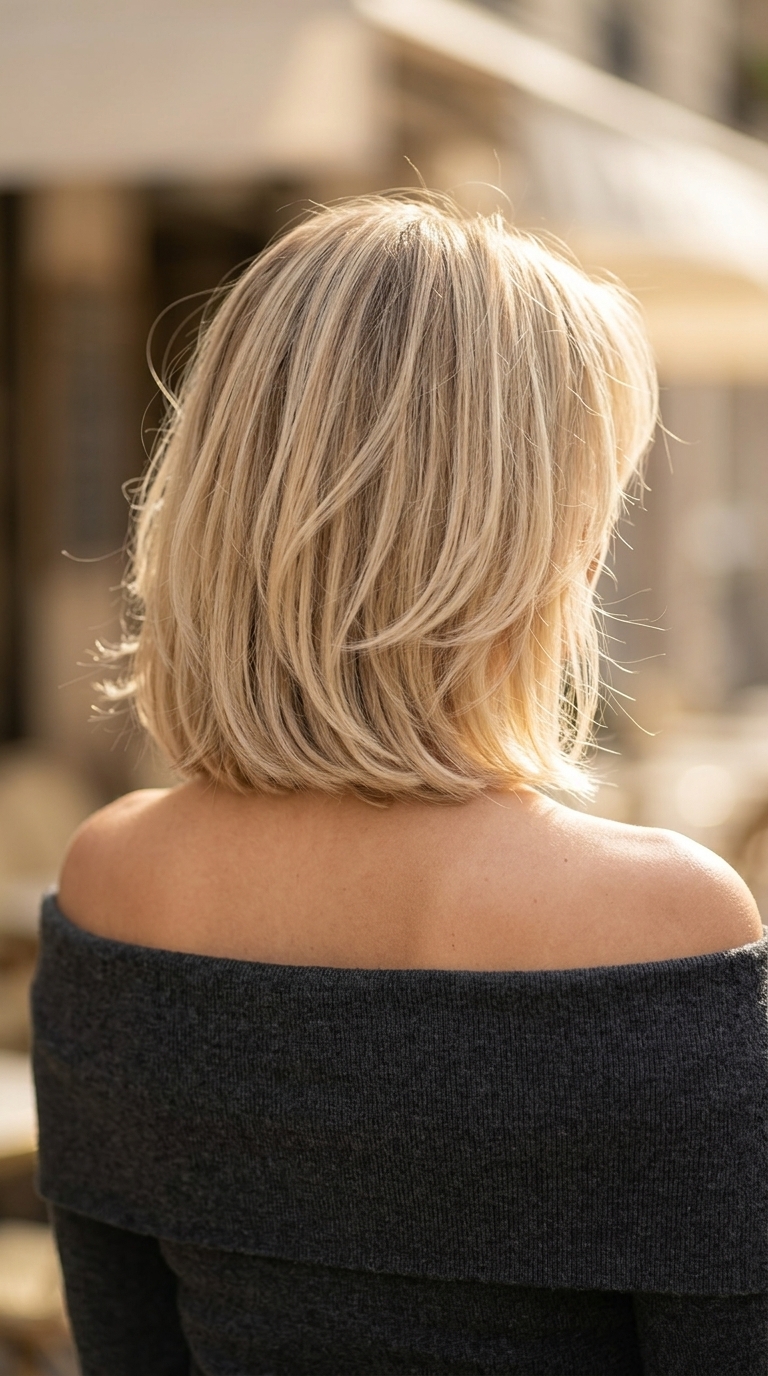 French Chic Blonde Shag Bob 2026 chin-length shag bob with buttercream blonde foilyage, linen blonde highlights, curtain fringe — romantic, chic