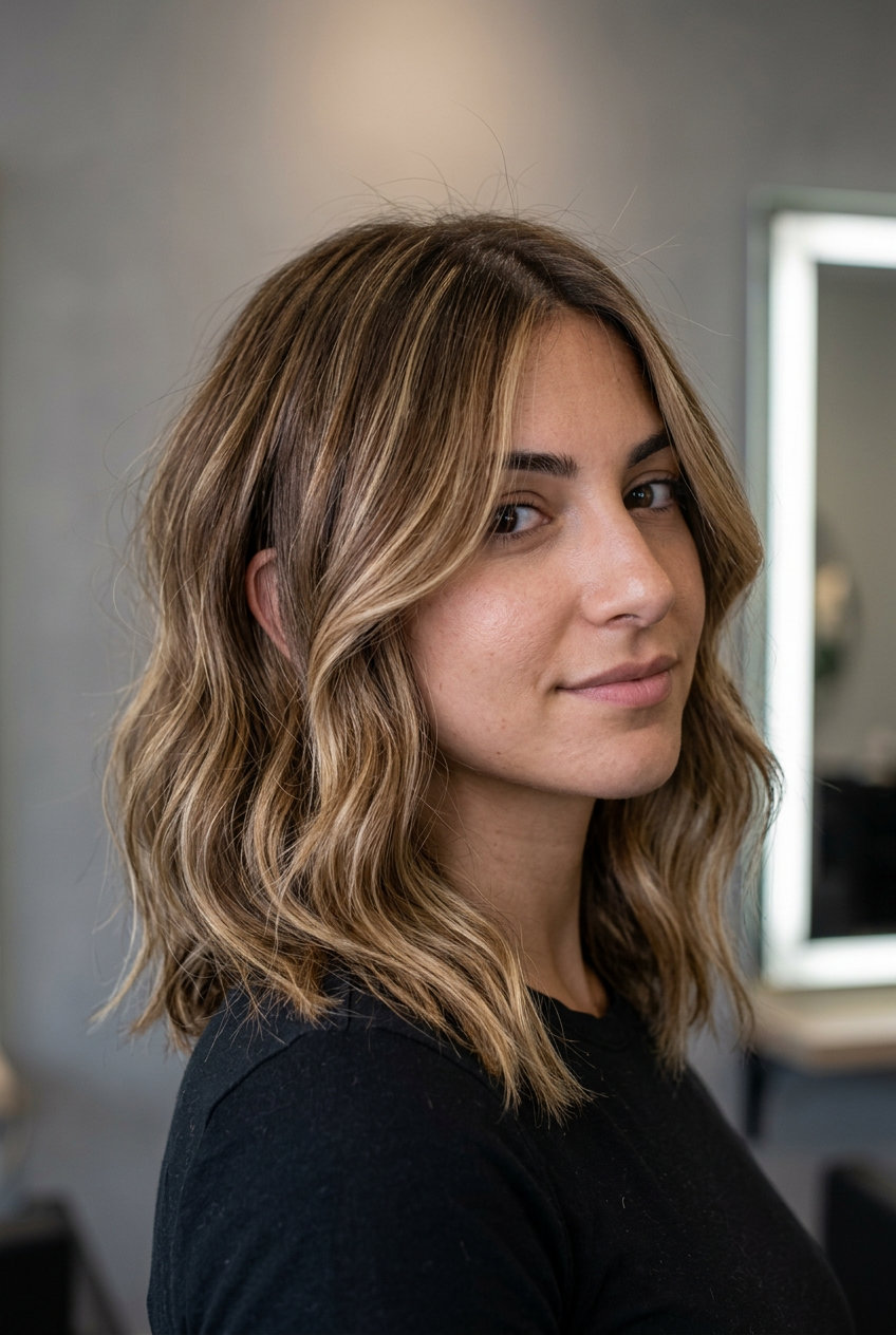 shoulder-length lob haircut with buttercream blonde & honey brown base, babylights for soft romance