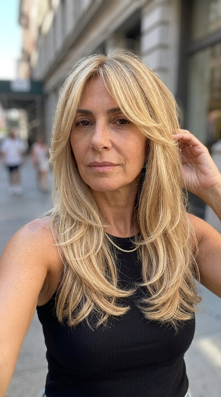 long buttercream blonde layers with pale gold face-framing, vanilla root shadow — romantic ageless