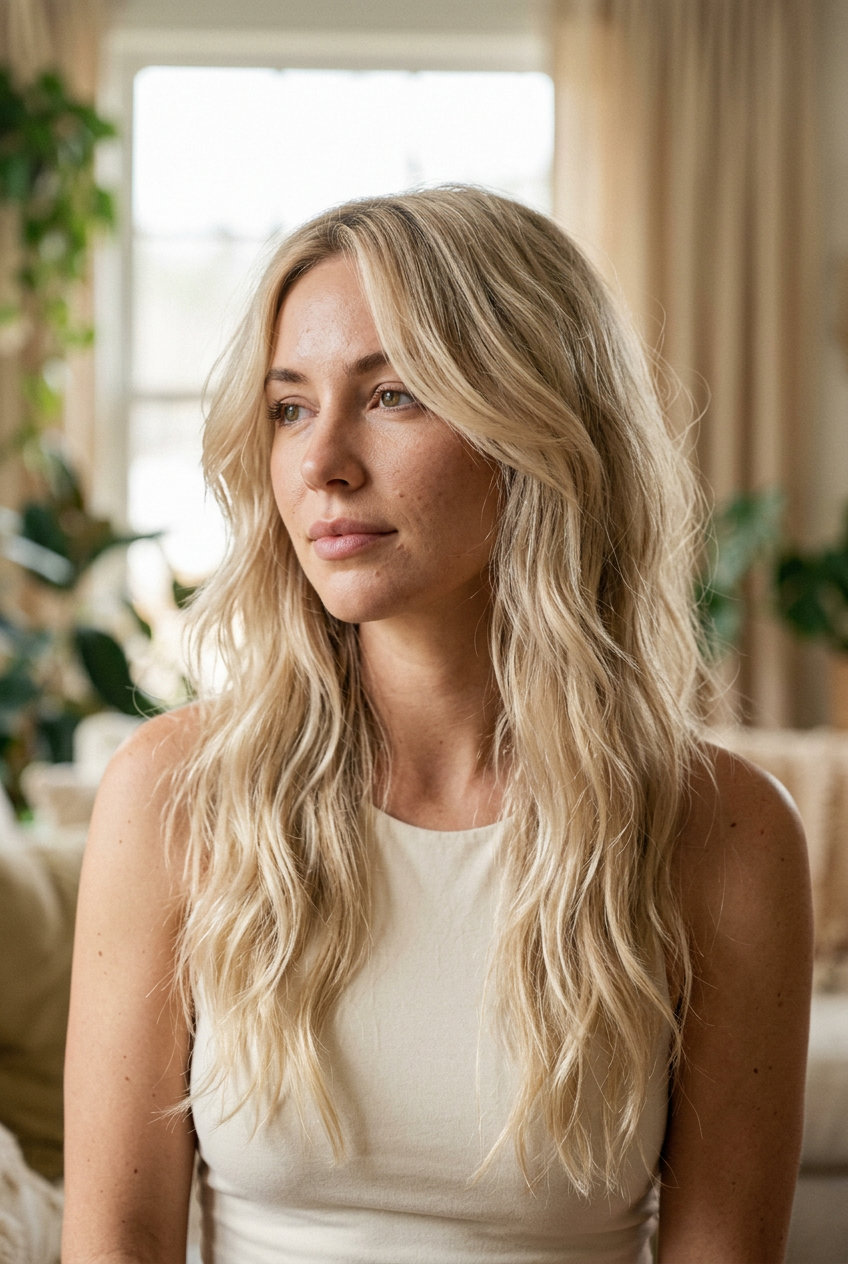 Buttercream Blonde Wolf Cut 2026 long buttercream blonde wolf cut with golden gloss, soft layers, bohemian mood