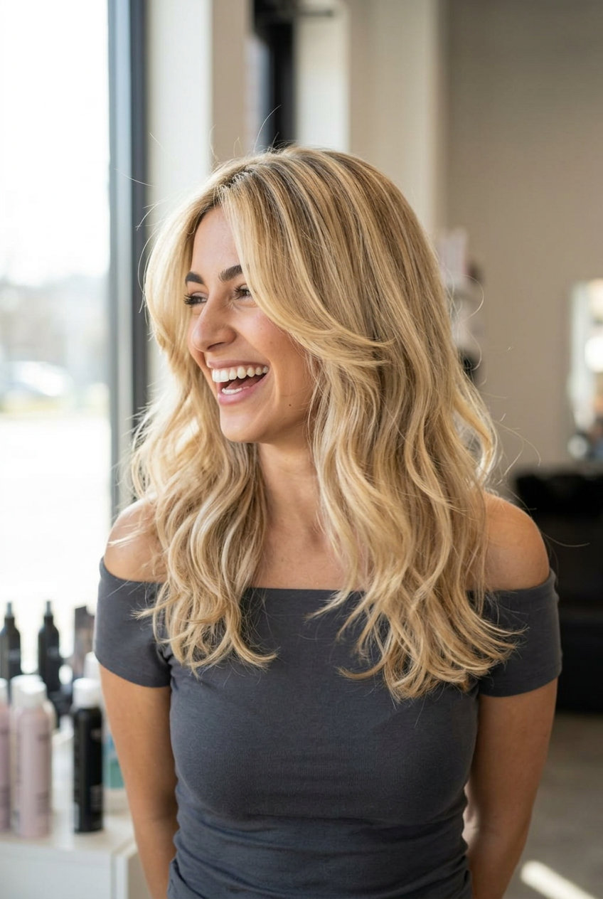 medium buttercream blonde butterfly haircut with vanilla babylights, shoulder-length — playful radiant
