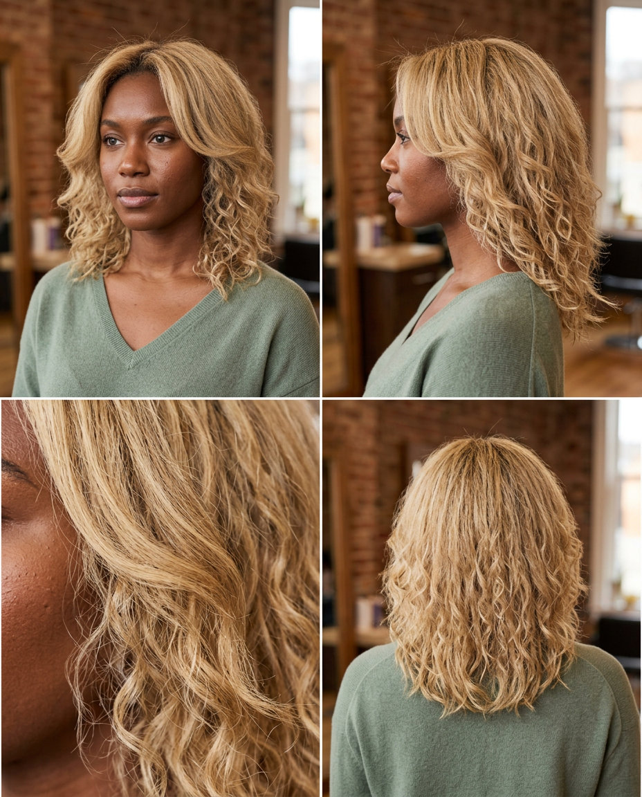 Buttercream Blonde Kitty Cut for Curly Hair 2026 medium-length curly kitty cut with buttercream blonde, honey babylights, dark vanilla root shadow — playful summer