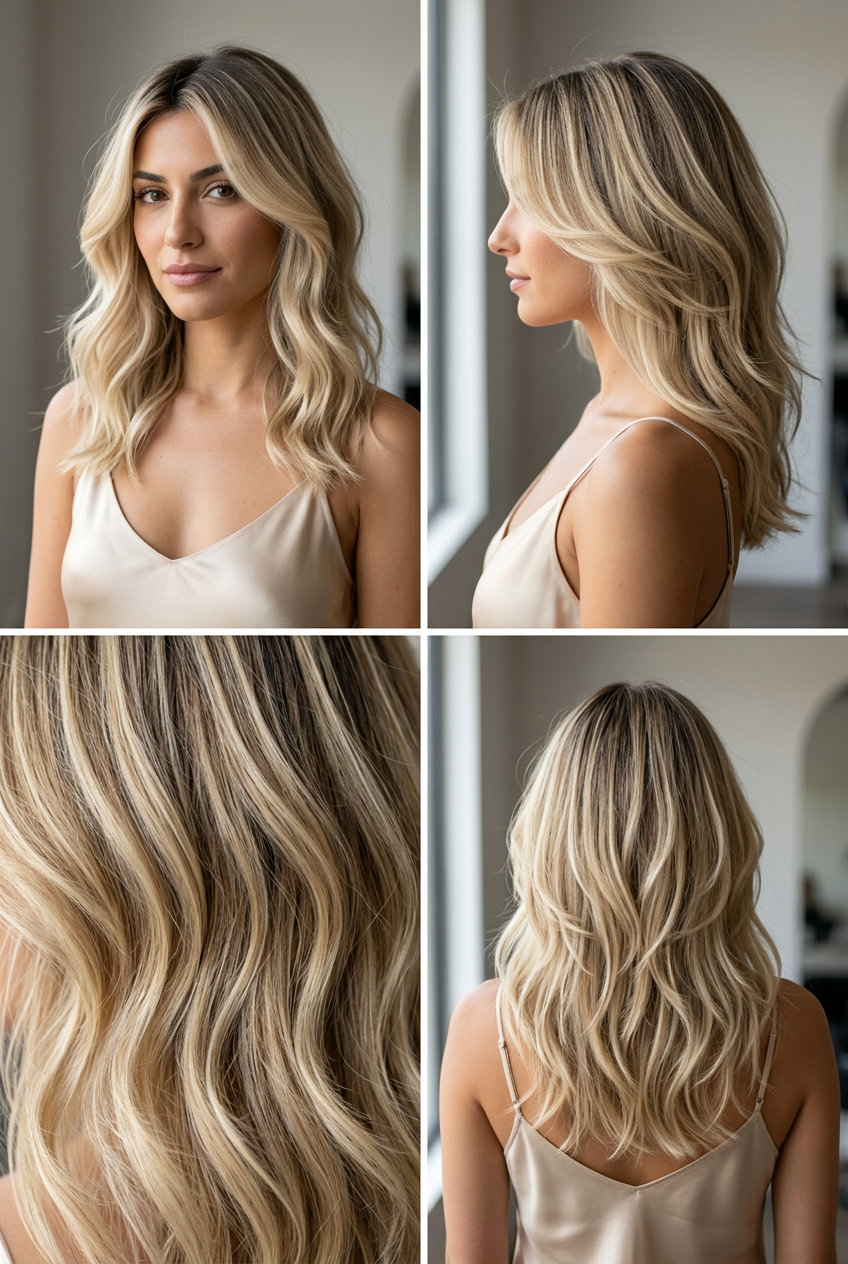 Radiant Beach Waves 2026: Medium Blonde Layers medium layered haircut with buttercream blonde, cascading layers, and face-framing for beach vacations