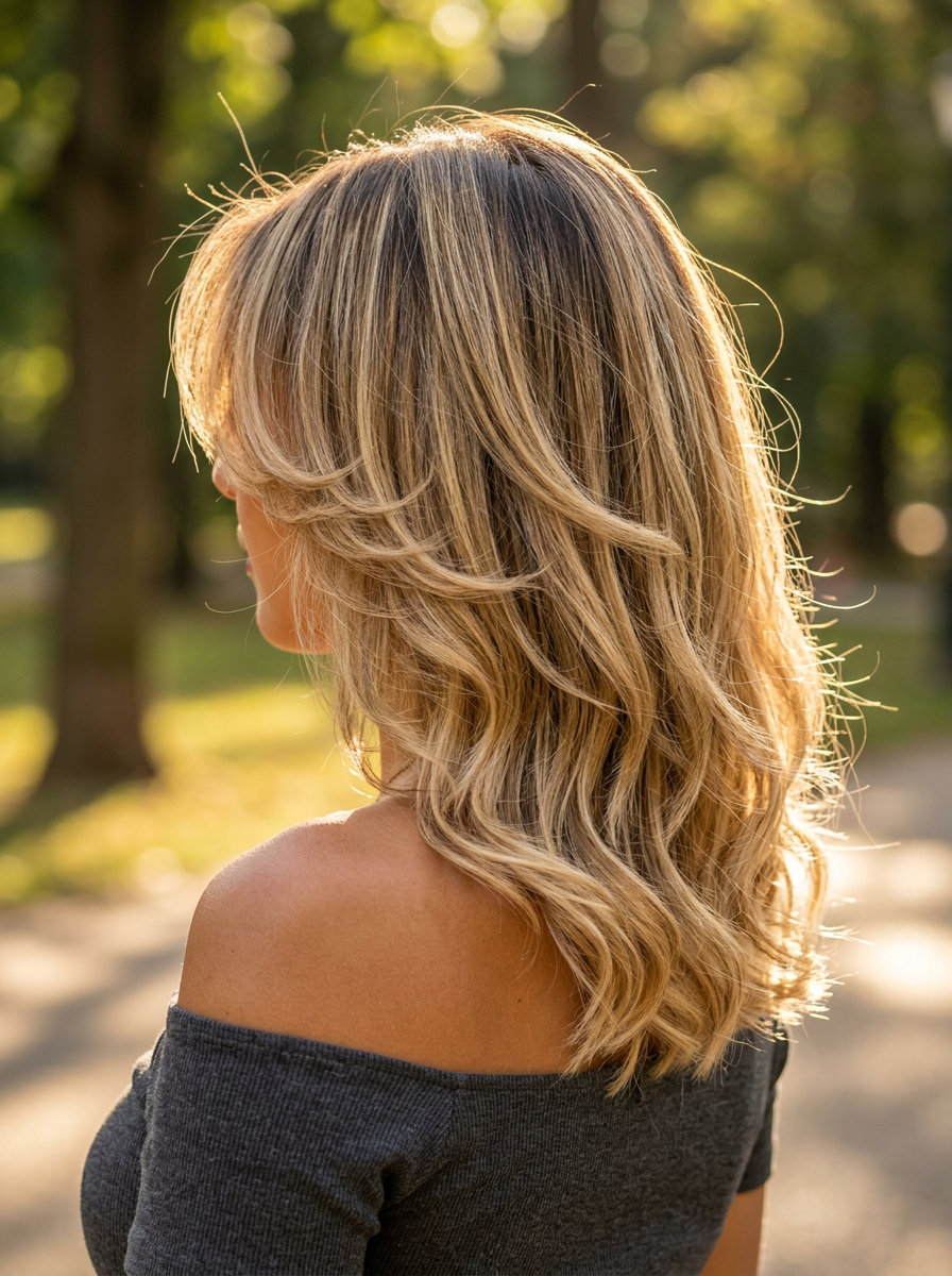 Butterfly Curve Summer 2026: Medium Blonde medium layered haircut with buttercream blonde, face-framing layers, and curved ends for summer parties