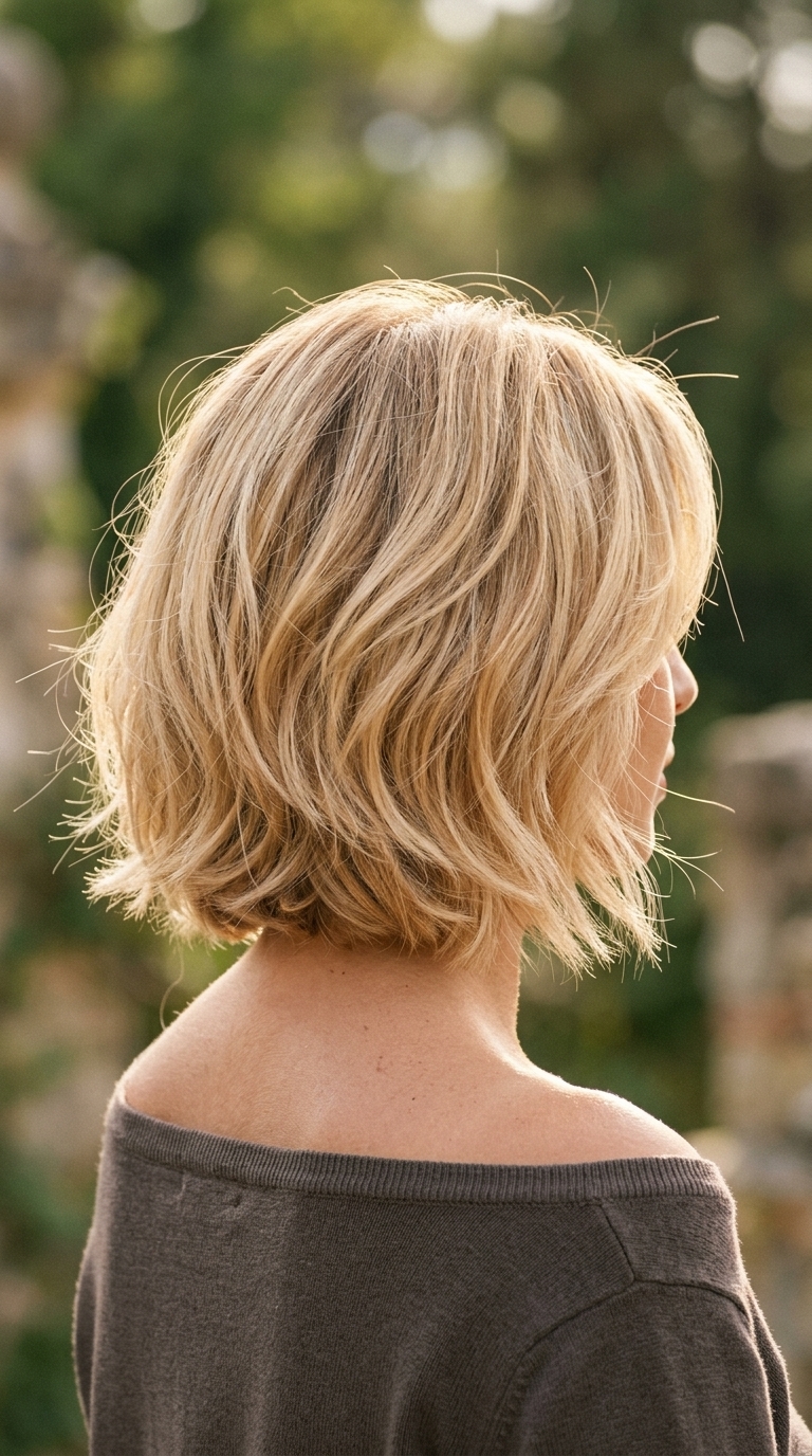 neck-grazing tousled bob haircut with buttercream blonde, babylights, point-cut layers