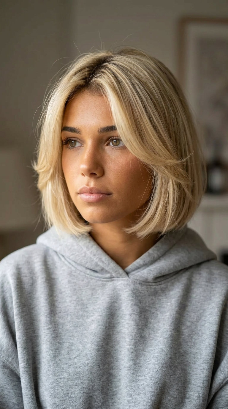 short french bob haircut with buttercream blonde & honey highlights, face-framing layers — romantic voluminous