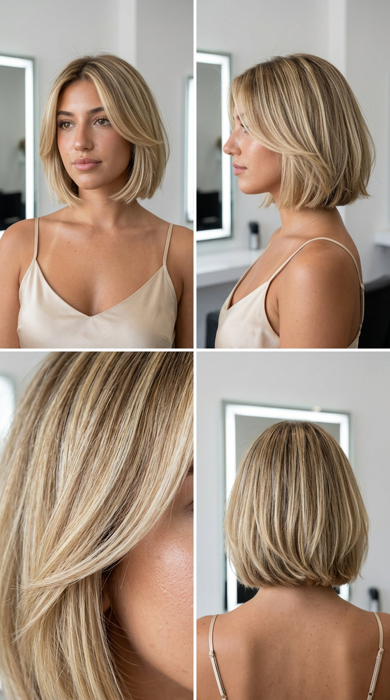 short french bob haircut with buttercream blonde & honey highlights, textured perimeter — soft effortless