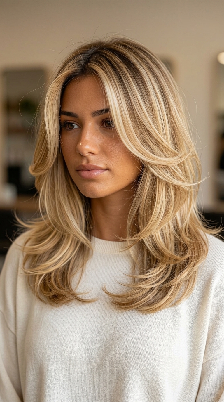 shoulder-length butterfly haircut in buttercream blonde with honey balayage for summer 2026