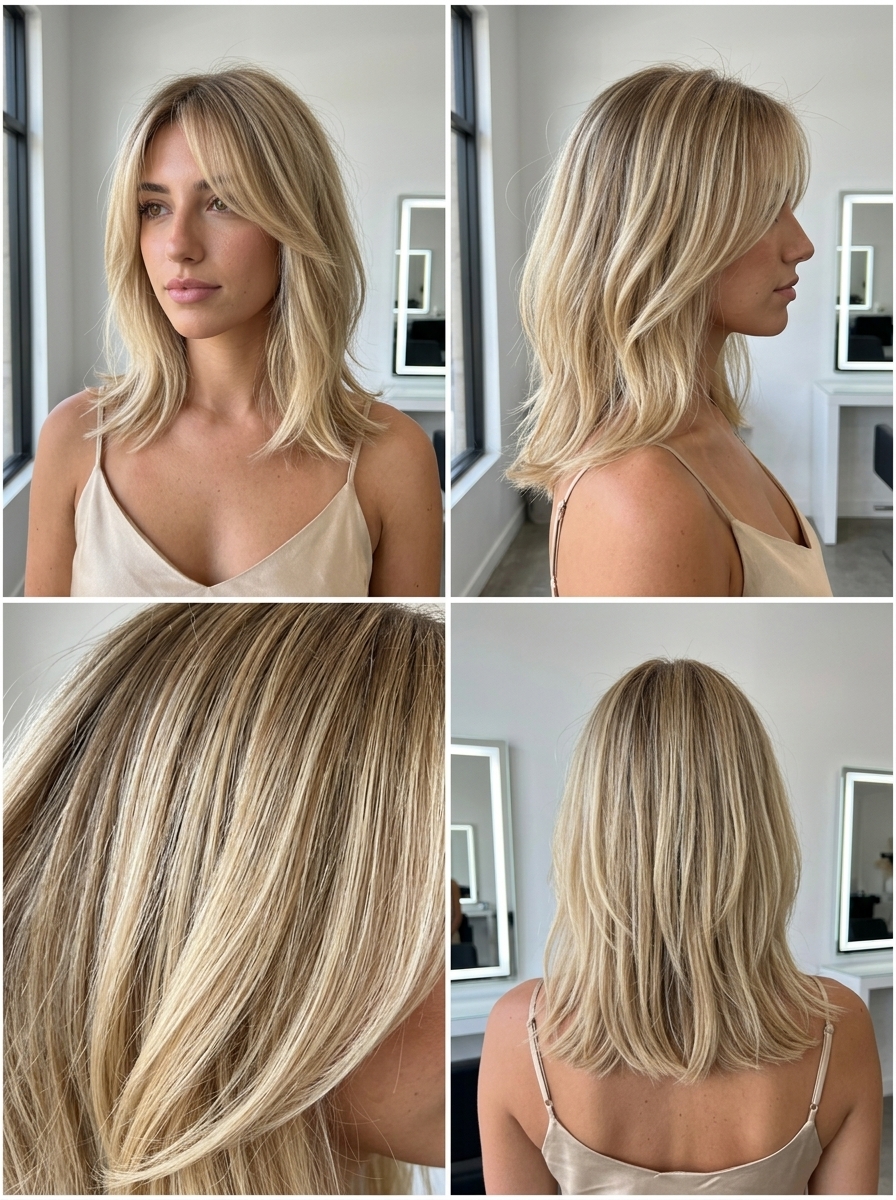 shoulder-length lob haircut in buttercream blonde with golden babylights for summer 2026