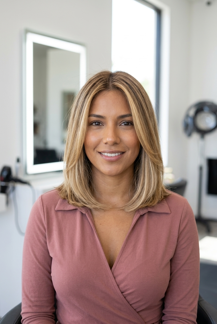 shoulder-length lob haircut with buttercream blonde balayage and internal layering for summer