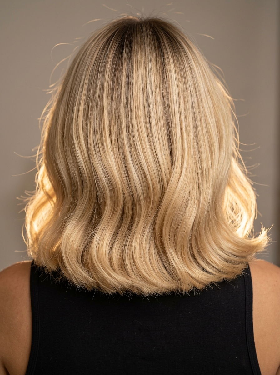 shoulder-length wavy midi haircut in buttercream blonde with babylights and root shadow for summer