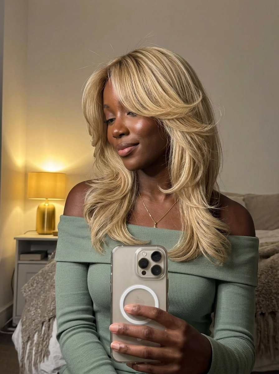 long textured haircut with buttercream blonde, honey gold babylights, and face-framing for summer romance
