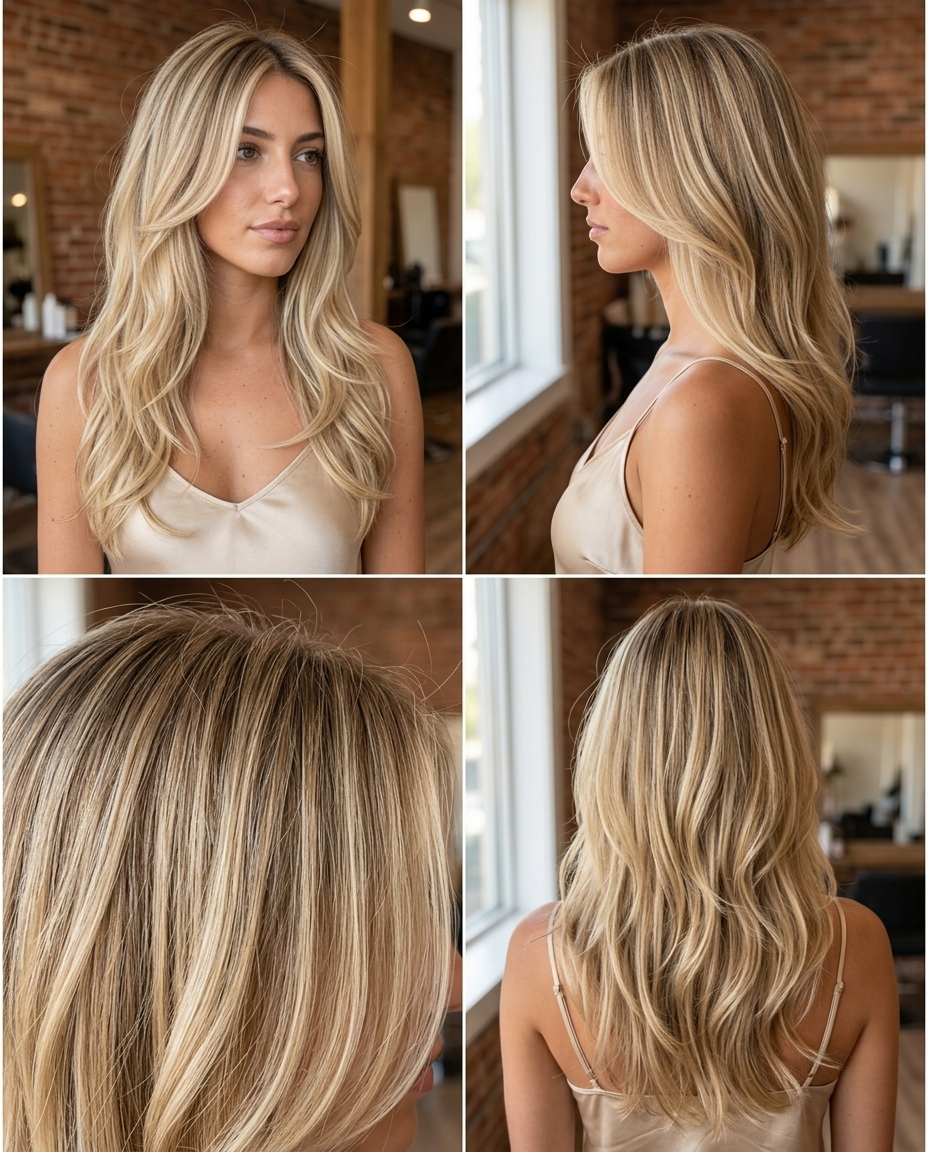 long wavy haircut in buttercream blonde with honey lowlights, seamless layers, and face-framing pieces for summer