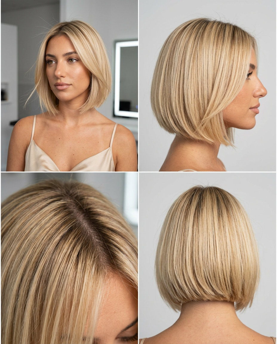 short buttercream blonde razor bob with honey babylights and dark vanilla root — modern chic