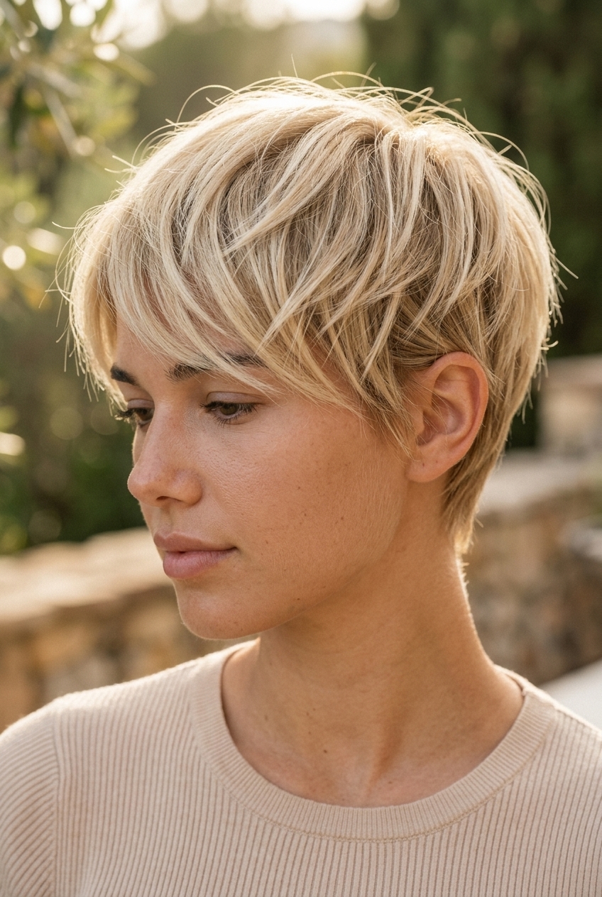 short buttercream blonde razor bob with pale gold lowlights and vanilla root smudge — weekend brunch