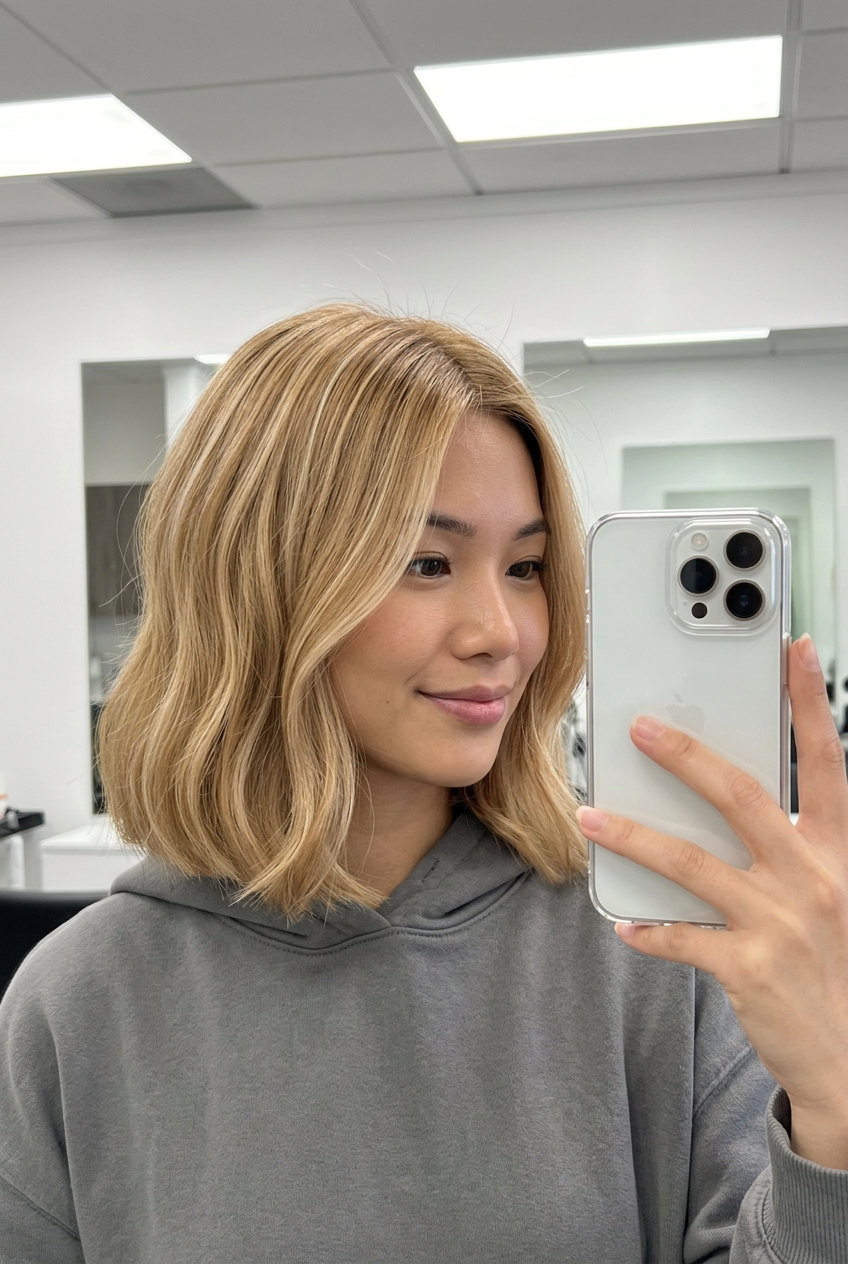 short wavy honey blonde bob with vanilla cream highlights, soft root smudge — chic professional