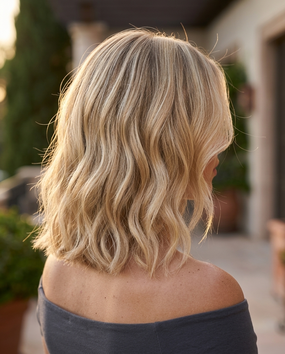 long wavy honey blonde lob with vanilla cream babylights and soft root melt