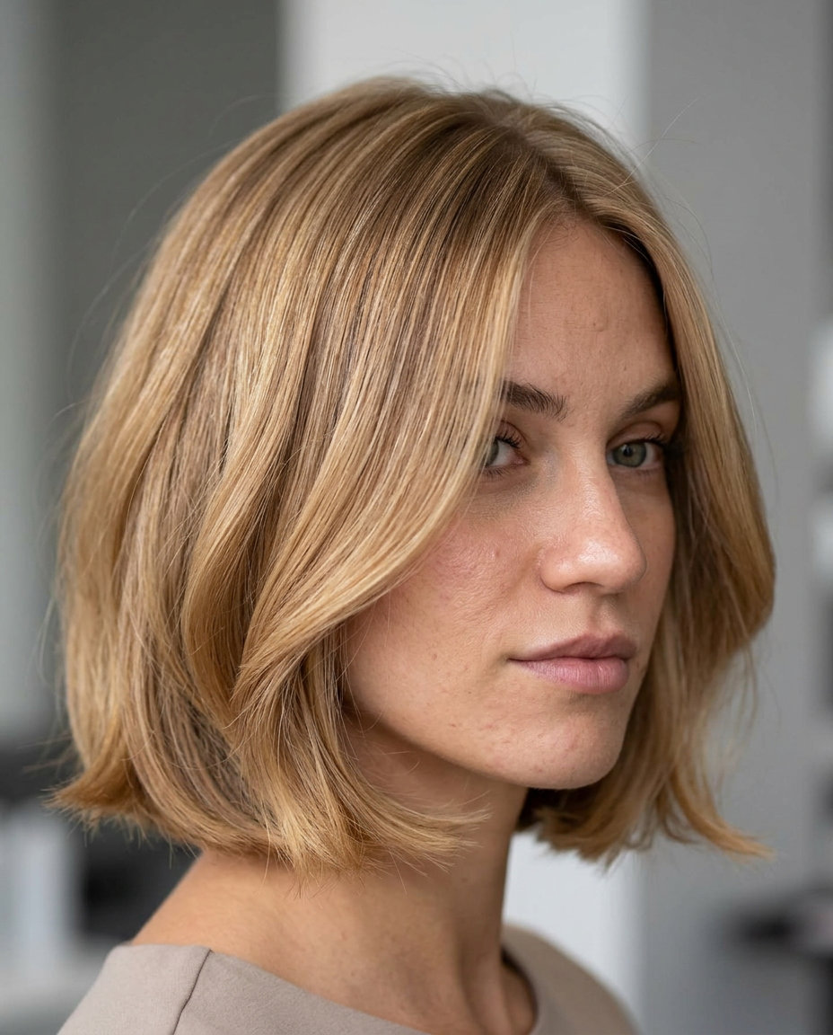 short wavy honey blonde bob with creamy butterscotch babylights and soft root smudge