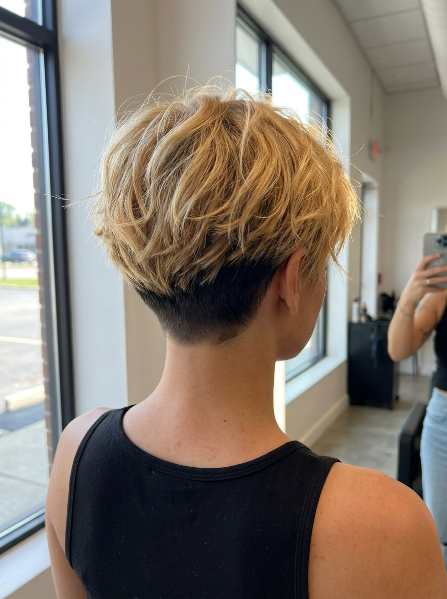 short choppy wavy honey blonde hair with dark undercut, babylights — edgy festival