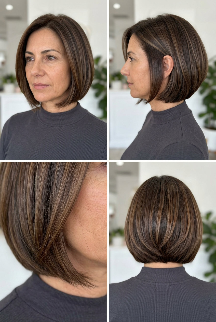 chin-length architectural bob haircut in candlelit brunette with caramel internal balayage for sophisticated professional look