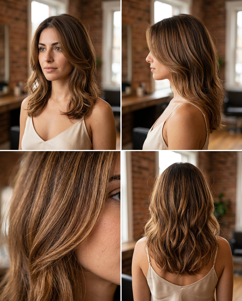 Dimensional Caramel Swirl Butterfly Haircut 2026 medium layered haircut with caramel balayage, face-framing layers, U-shaped perimeter — bold romantic