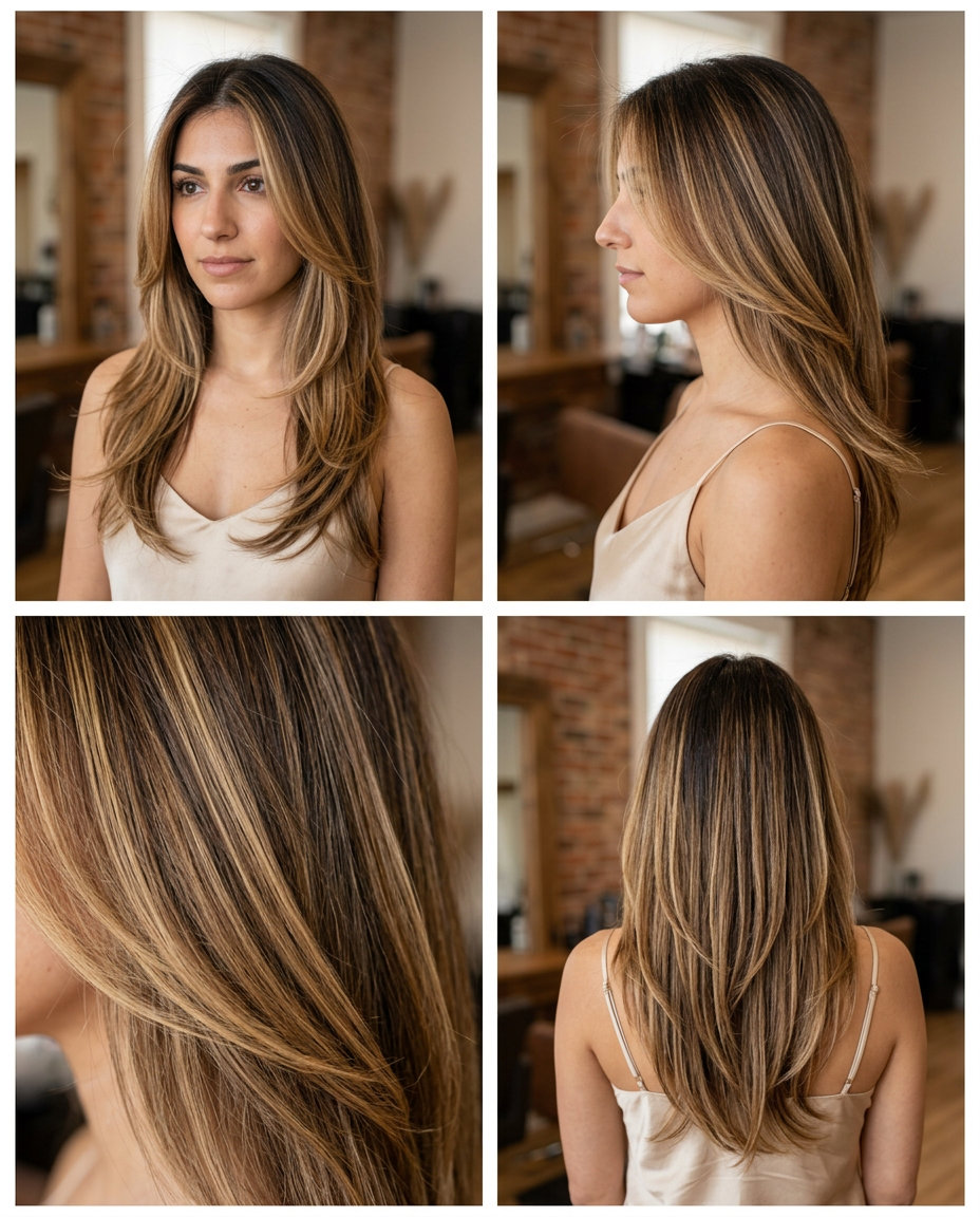 long cascading layers with caramel blonde highlights, golden undertones, face-framing layers for glamorous allure