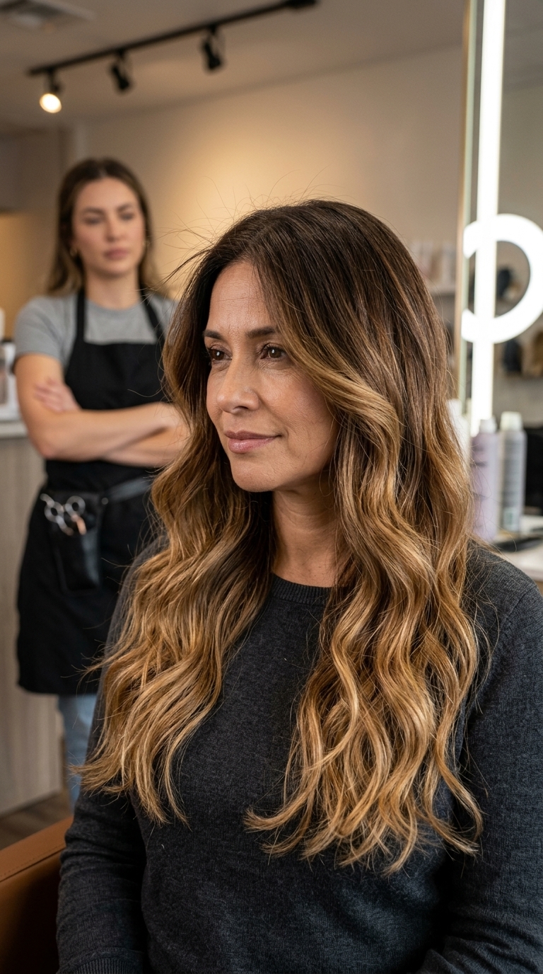 California Ombré Waves: Caramel Blonde 2026 mid-back to waist-length haircut with warm caramel to golden blonde ombré, soft invisible layers, no bangs — natural & relaxed