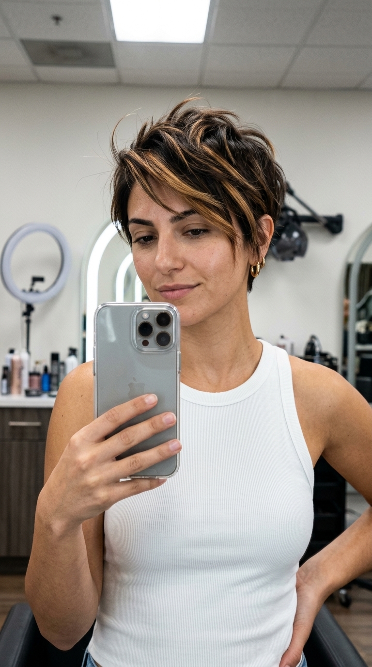 short pixie cut with caramel blonde ribbon highlights, espresso brunette base, tapered sides for edgy boldness